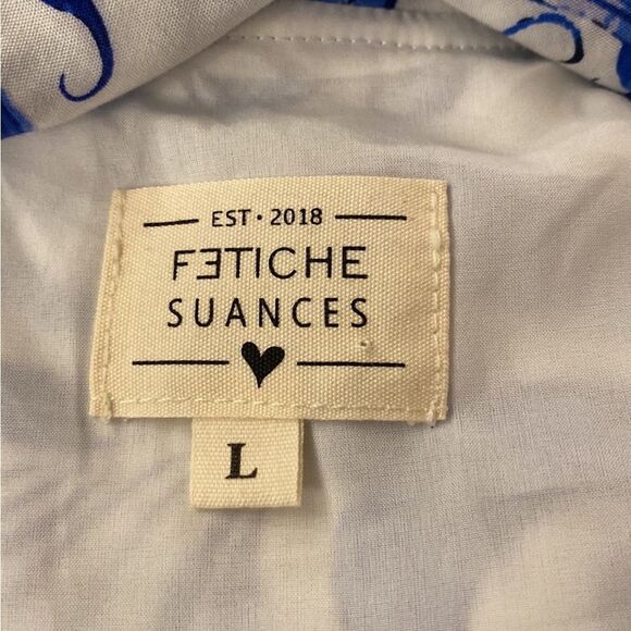 Fetiche Suances Blue and White Floral wrap mini Dress, L - Picture 15 of 16